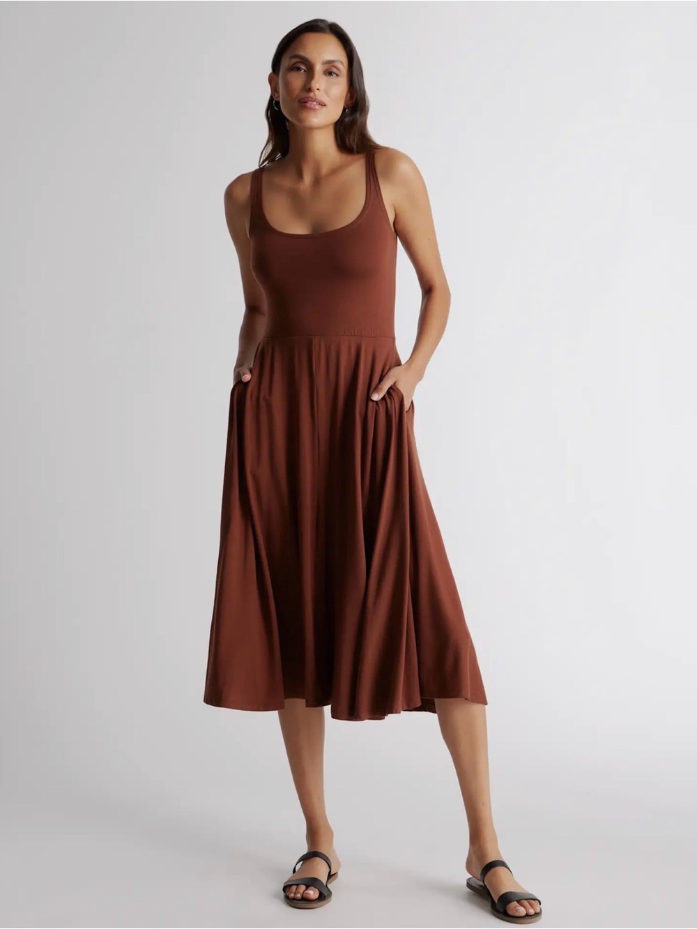 Quince Brown Scoop Neck Midi Dress